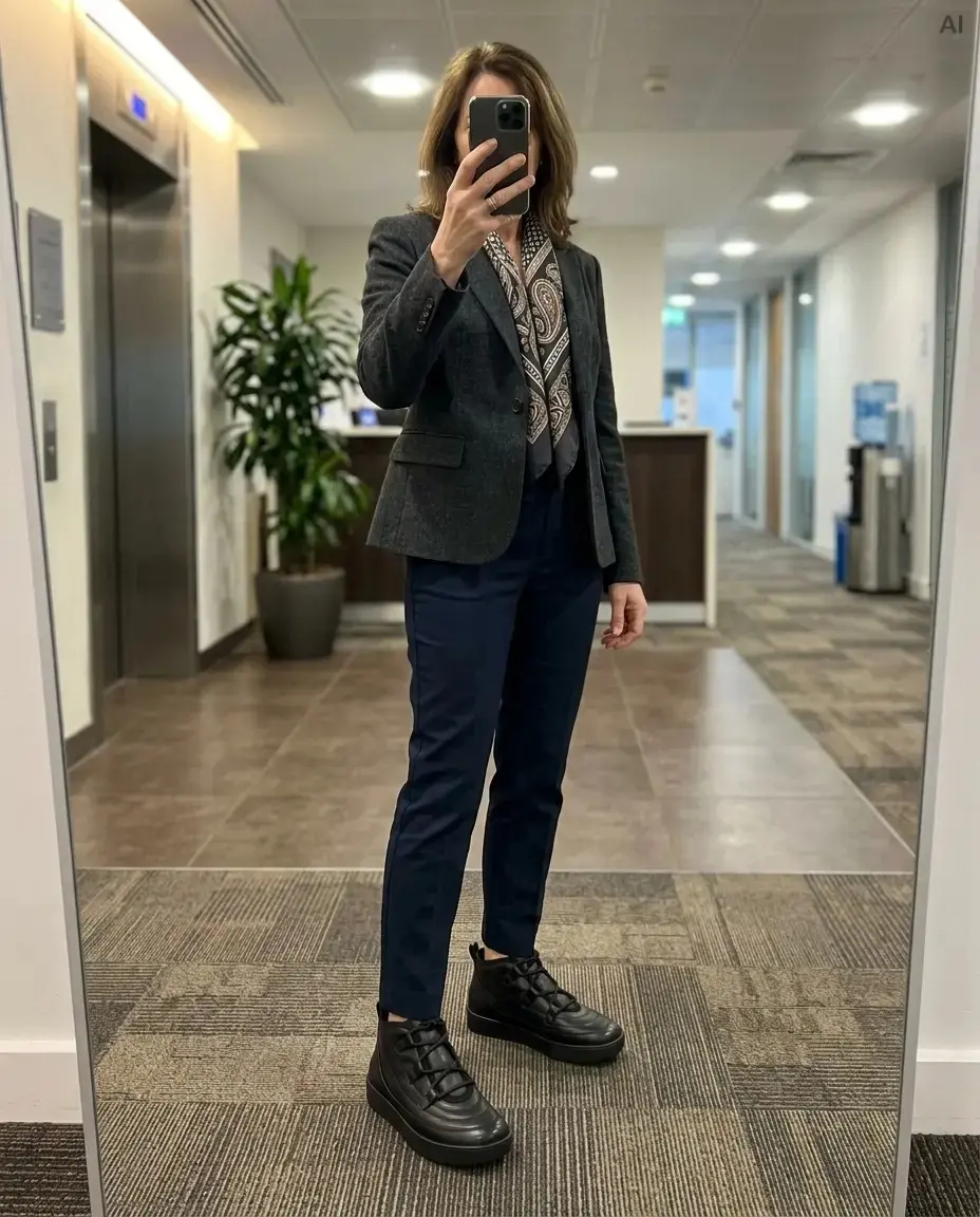 Spiegelselfie im Büro: Anthrazit-Blazer, Seidenschal und schwarzes Lena mit Plateausohle