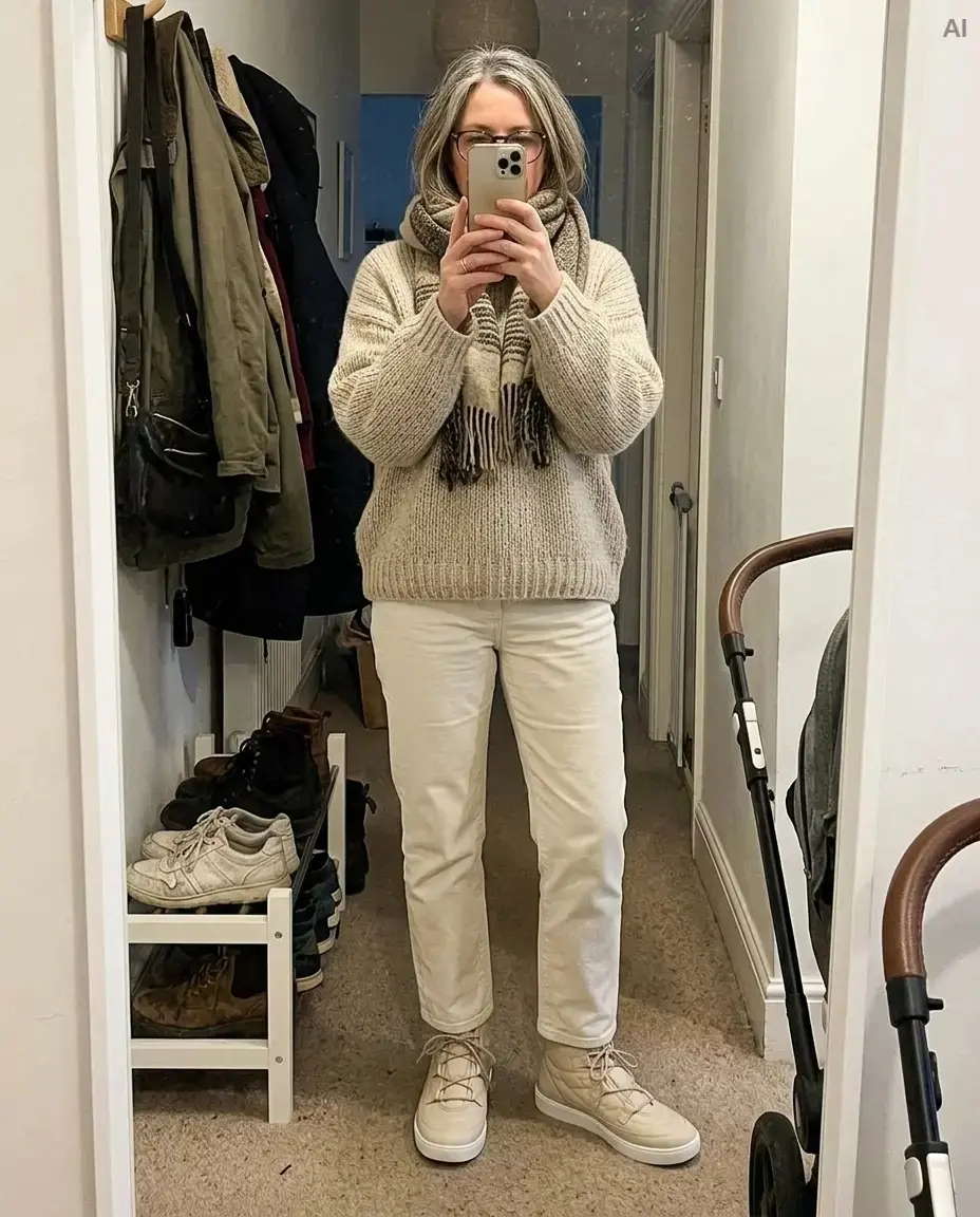 Spiegelselfie im Flur: Grobstrickpullover, Ecru-Jeans und Lena in Mandel mit weißer Plateausohle