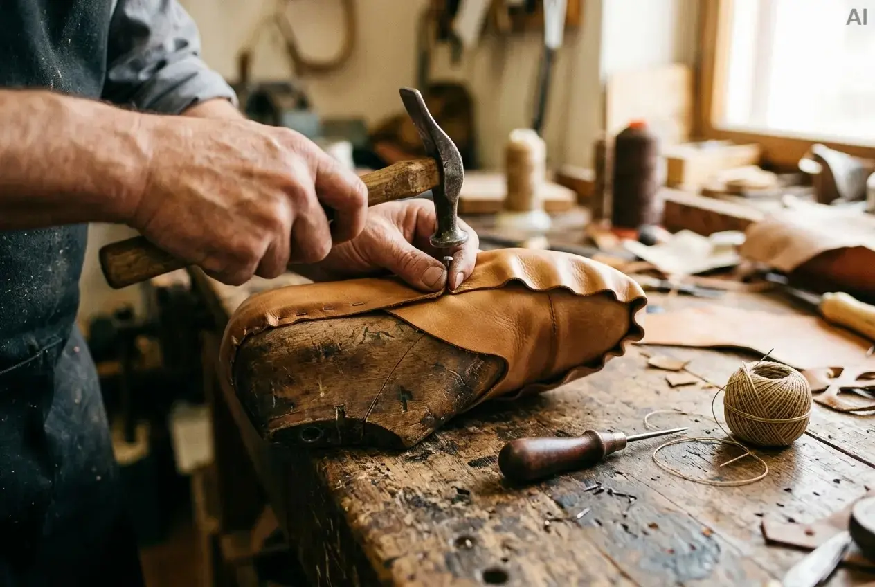 Hände eines Schuhmachers, die Leder über einen Holzleisten spannen