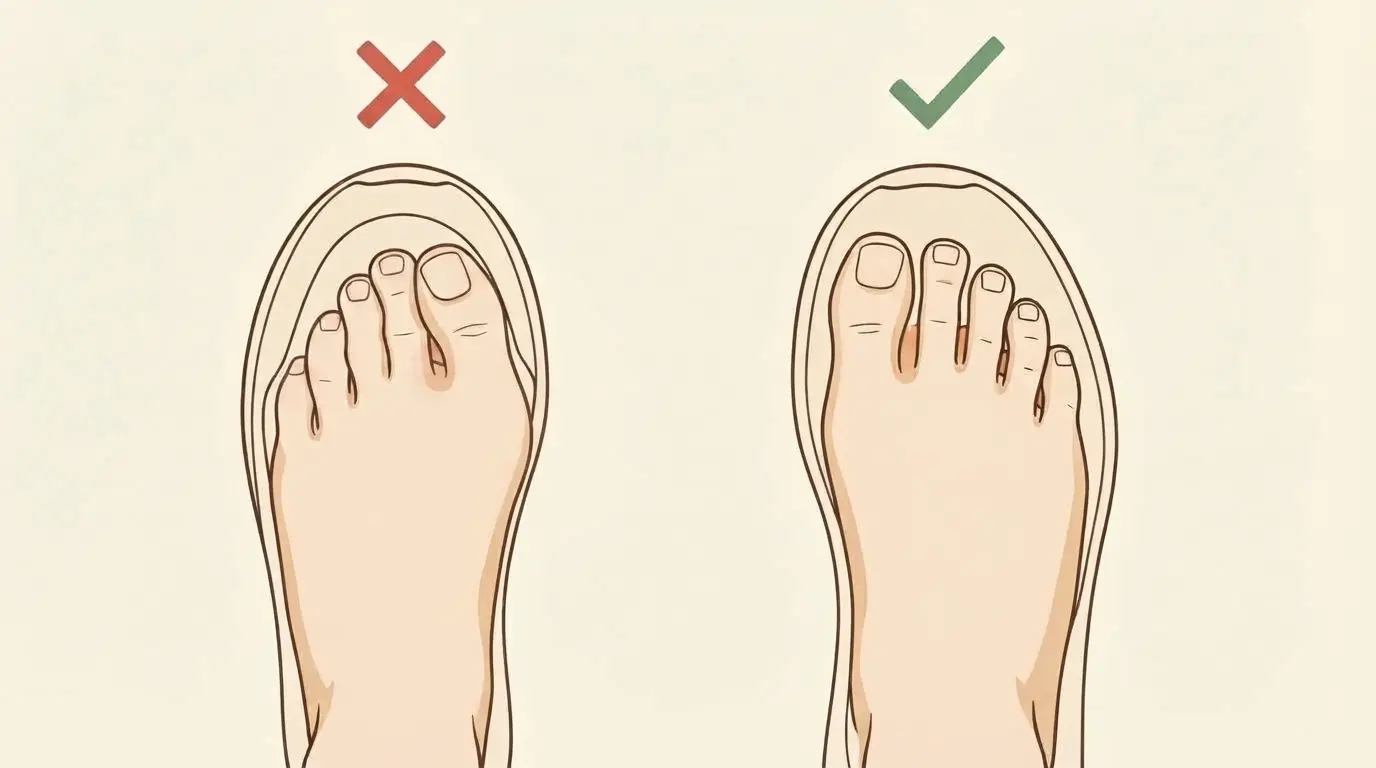 Zwei Füße von oben: links in einem vorne schmal zulaufenden Schuh eingezwängt mit rotem Druckpunkt am Großzehengelenk, rechts in einem runden, breiten Schuh mit Platz zwischen allen Zehen
