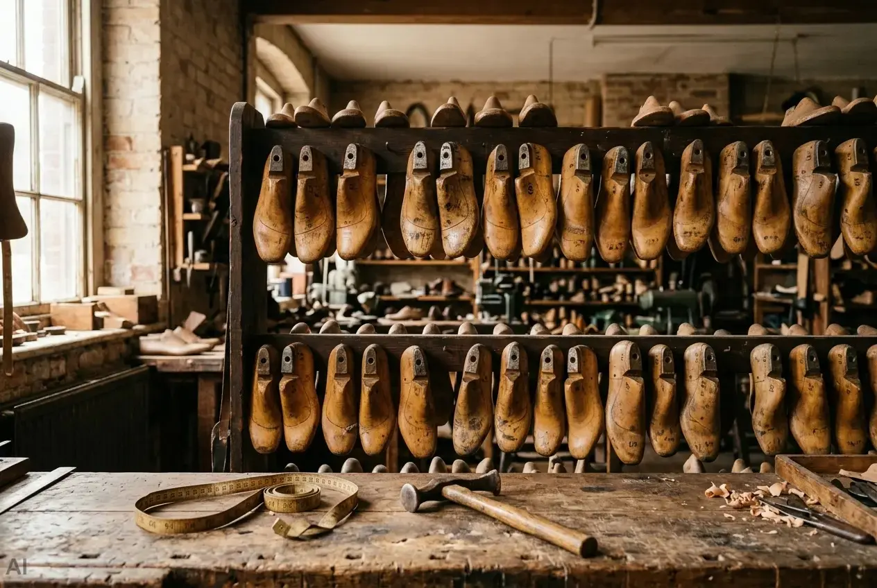Reihen hängender Schuhleisten aus Holz in einer Schuhmanufaktur
