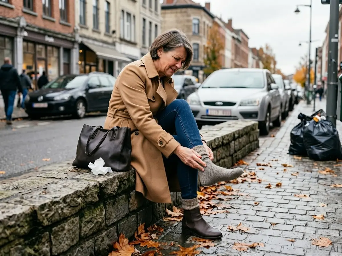 Frau im Camel-Trenchcoat sitzt auf einer Steinmauer, hat eine Stiefelette ausgezogen und hält ihren schmerzenden Fuß