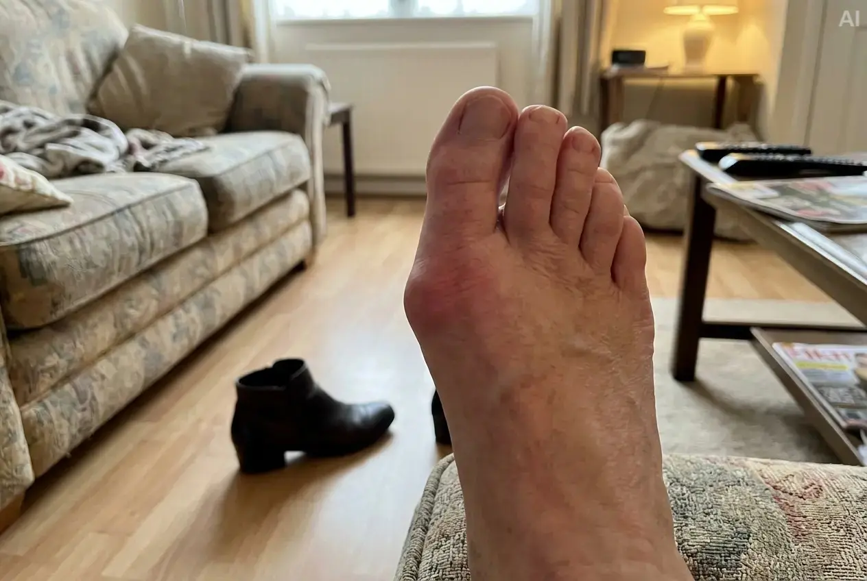 Handyfoto einer Frau von ihrem eigenen Fuß: deutlich sichtbarer Hallux valgus mit gerötetem Ballen am Großzehengelenk, daneben eine spitz zulaufende schwarze Stiefelette