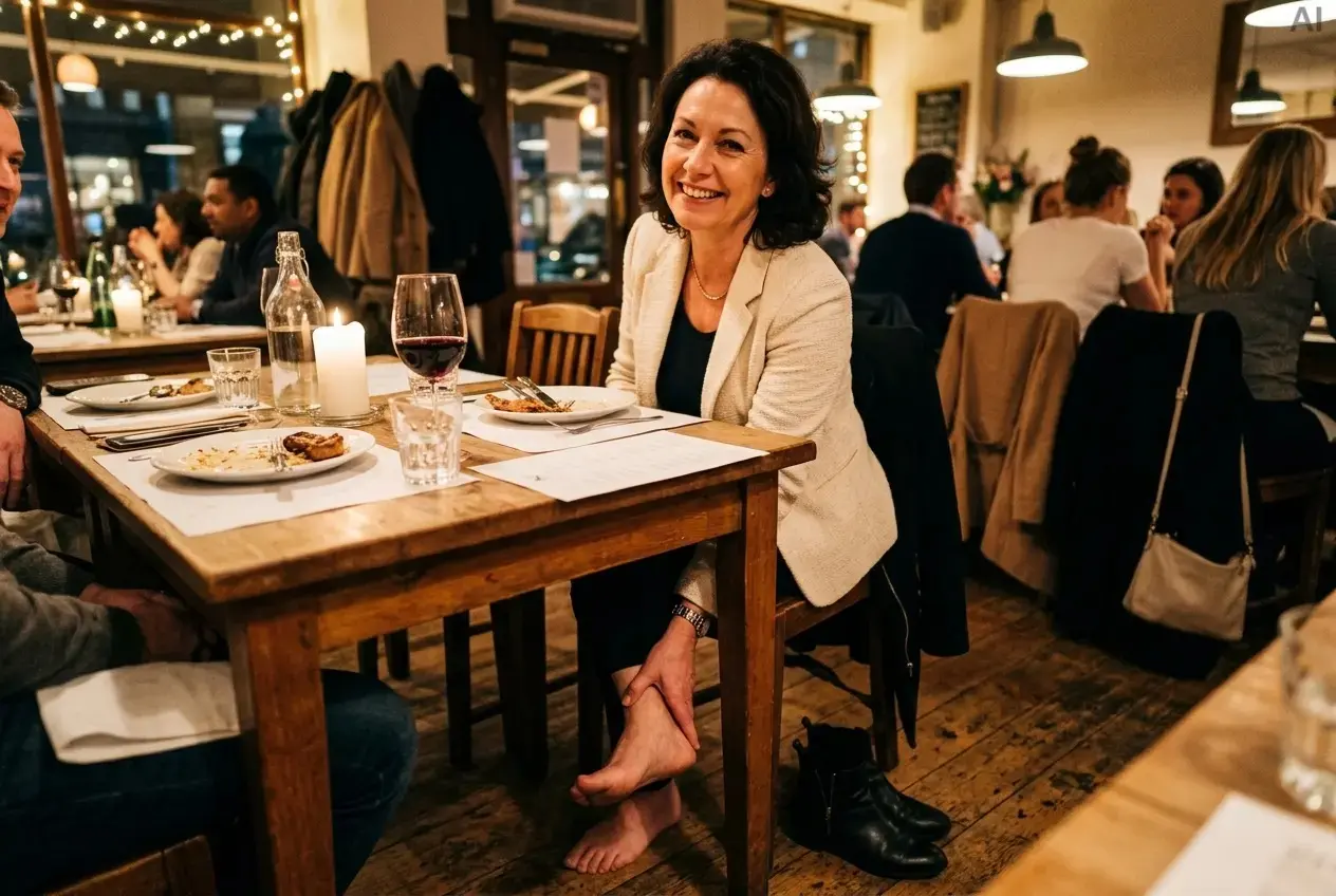 Frau lächelt am Restauranttisch, während sie unter der Tischdecke ihren Fuß aus dem Schuh genommen hat und ihn hält