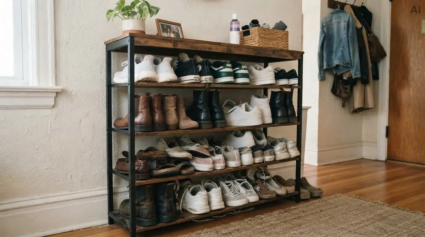 Frau lächelt am Restauranttisch, während sie unter der Tischdecke ihren Fuß aus dem Schuh genommen hat und ihn hält